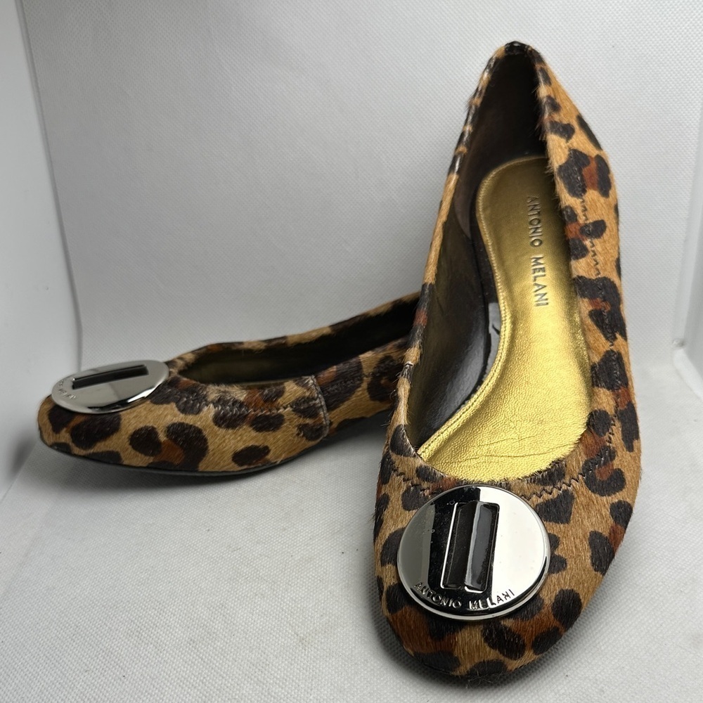 Antonio Melani Leopard Calf Hair Ballet Flats Silver Logo Women’s 7